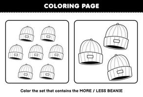 Education game for children coloring page more or less picture of cute cartoon wearable clothes beanie hat line art set printable worksheet vector