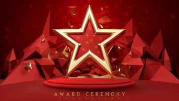 Red award ceremony background with 3d luxury gold star and product display podium elements with glitter light effect decoration and bokeh. vector