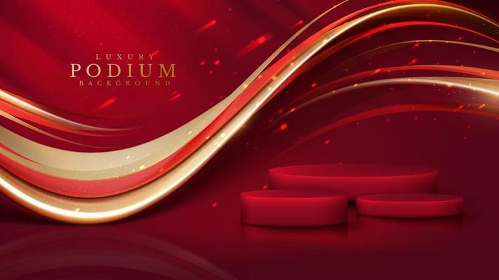 Red color podium with ribbon elements and gold lines with glitter light effect decoration and bokeh.