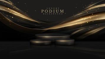 Black luxury background. Product display podium with golden curve line decoration and glitter light effect elements and star. vector