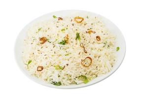 Cumin rice on the plate and white background photo