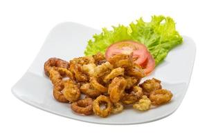 Fried squid rings on the plate and white background photo