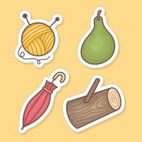 Cozy autumn stickers set, knitting yarn, avocado, umbrella, wood vector