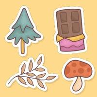 Set of autumn stickers clipart, pine tree, chocolate, leaves, mushroom vector