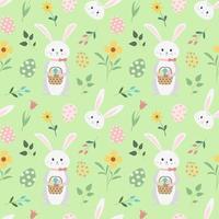 Festive spring easter seamless pattern on pastel green background. Endless texture with bunnies, eggs and flowers. For design, greeting cards, wrappings, fabrics.