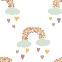 Boho pastel rainbows pattern with clouds, hearts. Isolated on white background. Nursery prints design, baby textile. Kids texture for fabric, wrapping, wallpaper, clothes. vector