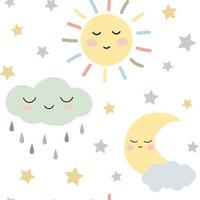 Cute boho pastel sleeping sun, moon, cloud with drops seamless pattern. Isolated on white background. Design for baby textile, wallpaper, fabric. vector