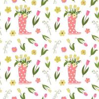 Flowers in rubber rain boots pattern. Colorful wellies seamless vector pattern design. Spring mood and easter floral arrangement, holiday celebration, web and print.