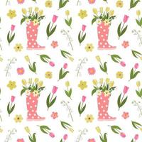 Flowers in rubber rain boots pattern. Colorful wellies seamless vector pattern design. Spring mood and easter floral arrangement, holiday celebration, web and print.