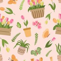 Floral pattern with pink, yellow, orange tulips and plants in crates, baskets, pots, colorful butterflies on pink background. Spring gardening background. vector