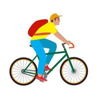 Vector side view illustration of a man on a green bike, isolated on white background. Summer sport themed image. Food delivery. Cartoon style.
