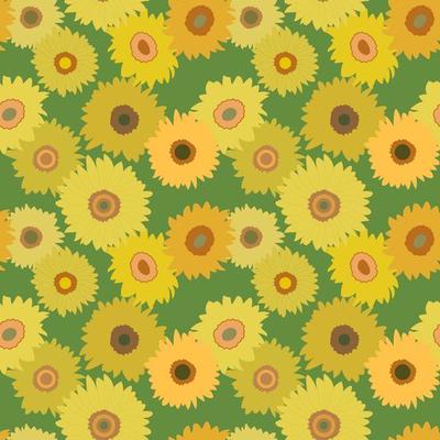 Sunflowers collection, seamless pattern on green background. Colorful backdrop with sunflowers. Great for printing, wallpaper design