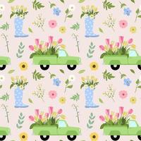 Vintage style pattern with floral pickup truck, blue boot and pretty flowers. Isolated on white background. Great for textile design, cards, wallpapers. vector