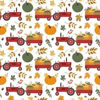 Cartoon fall red harvest tractor with a trail, colorful pumpkins, and dry forest leaves. Harvest, Thanksgiving day theme design. Isolated on white background. vector