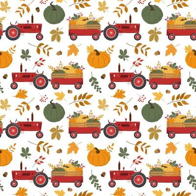Cartoon fall red harvest tractor with a trail, colorful pumpkins, and dry forest leaves. Harvest, Thanksgiving day theme design. Isolated on white background.