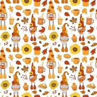Cartoon autumn harvest background with cute gnomes, pumpkins, cakes, hot drinks, dry leaves Isolated on white background. Fall festival design for wallpaper, wrapping, digital paper. vector