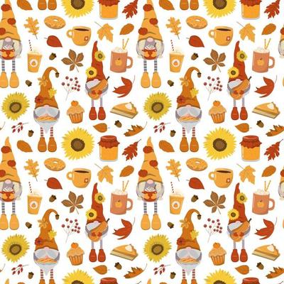 Cartoon autumn harvest background with cute gnomes, pumpkins, cakes, hot drinks, dry leaves Isolated on white background. Fall festival design for wallpaper, wrapping, digital paper.
