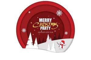 merry christmas party and snowman, paper arts and crafts style, illustrator Vector eps 10