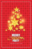 Red Christmas background with Christmas trees made of stars, gold foil, cutout Chic Christmas Greeting Cards. vector