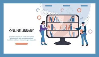 Online library and distance education web banner or landing page with people getting books from bookshelves. Educational courses and e-learning computer internet technology. Flat vector illustration.