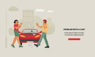 Banner template for car service website and roadside assistance service with people who call support service after car accident. Automobile fast mobile technician help. Flat vector illustration.