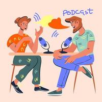 transmisión en vivo y transmisión de la escena con bloggers de redes sociales que lideran un podcast o una entrevista. vloggers de personajes de dibujos animados. grabación de audio y video en el estudio. ilustración vectorial vector