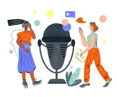 Radio podcast and audio broadcast banner with people near huge microphone. Radio host concept of news or entertaining, educational broadcasting in studio. Cartoon vector illustration isolated.