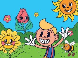 cartoon boy and flowers vector