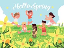 hola primavera niños felices vector