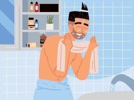 man cleansing face in bathroom vector