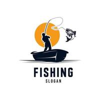 Angler fishing silhouette logo illustration at sunset logo design template vector