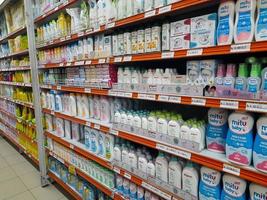 Jombang, East Java, Indonesia, 2022 - Rows of baby care products such as powder, soap, shampoo, perfume, and lotion, from various well-known brands in Indonesia and halal in shopping photo