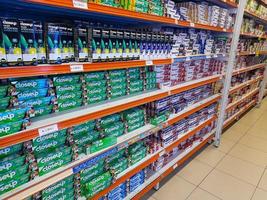 Jombang, East Java, Indonesia, 2022 - Rows of toothpaste from various famous brands in Indonesia and halal in supermarkets in Indonesia. portrait of dental product display in a shopping mall. photo