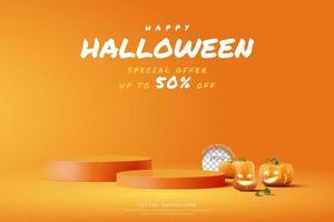 Halloween podium background, podium two step with pumpkin funny face for product display, Vector illustration