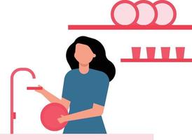 The girl is washing the dishes. vector