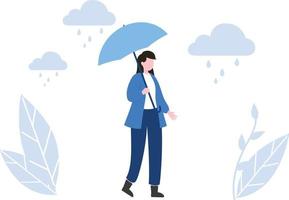 una chica con un paraguas camina bajo la lluvia. vector