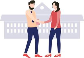 A boy and a girl meet outside a building. vector