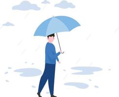 A boy is standing in the rain with an umbrella. vector