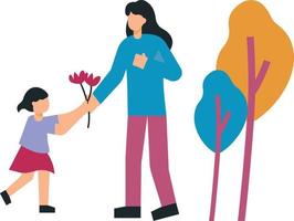 The child is giving flowers to the mother. vector