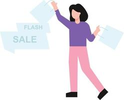 A girl is shopping at a flash sale. vector