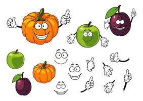 dibujos animados de calabaza, ciruela y manzana vector