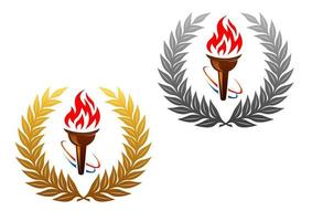 Flaming torch in golden and silver laurel wreath vector