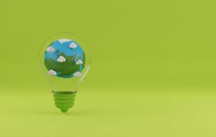 Planet earth in light bulb on green background.3D rendering , 3D illustration photo