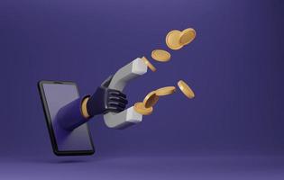 Hacker hand holding a huge magnet attracts money through a cell phone in cyberspace. 3D rendering, 3D illustration photo