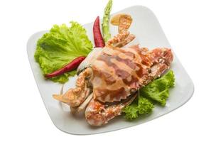 Red crab on the plate and white background photo