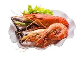 Giant Freshwater Prawn and king prawns on the plate and white background photo