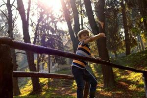 Playful boy throwing leaves while standing on wooden bridge in nature. photo