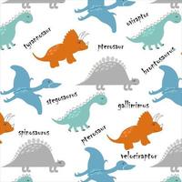 dinosaurios en estilo de dibujos animados. patrón impecable con los nombres de los ginosaurs. en estilo escandinavo. gráficos en camisetas para niños, diseño, papel tapiz, fondo, envoltura de regalos, papelería, postales. foto