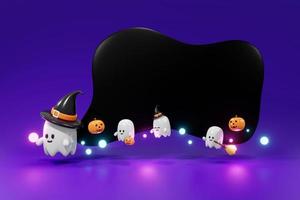 3D Rendering Halloween invitation card mock up copy space template cute ghost pumpkin and light with space for text on background. 3d render cartoon style. photo