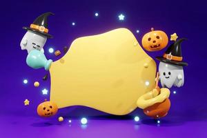 3D Rendering Halloween invitation card mock up copy space template cute ghost pumpkin and light with space for text on background. 3d render cartoon style. photo